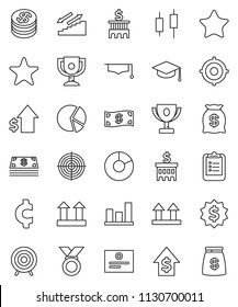 thin line vector icon set - graduate hat vector, clipboard, award cup, certificate, graph, pie, japanese candle, dollar growth, bank building, target, medal, cent sign, stairways run, top, favorites