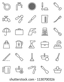 thin line vector icon set - plunger vector, broom, water tap, car fetlock, toilet brush, pan, kettle, measuring cup, whisk, spatula, grater, sieve, case, hand trainer, umbrella, scalpel, supply