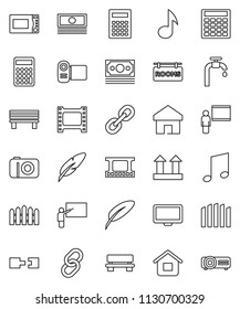 thin line vector icon set - microwave oven vector, pen, blackboard, calculator, music, cash, money, top sign, film frame, monitor, link, home, bench, connection, water supply, fence, rooms signboard