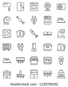 thin line vector icon set - vacuum cleaner vector, iron, kettle, oven, double boiler, blender, table lamp, tv, rca, air conditioner, ari condition, fridge, power plug, mixer, multi cooker, fan, bulb