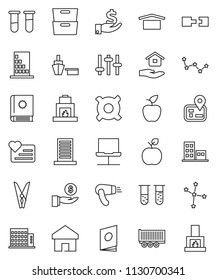 thin line vector icon set - clothespin vector, house hold, apple fruit, archive, constellation, investment, any currency, heart monitor, navigator, truck trailer, port, dry cargo, settings, vial