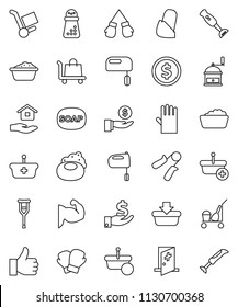 thin line vector icon set - soap vector, cleaner trolley, foam basin, rubber glove, house hold, hand mill, mixer, blender, dollar coin, investment, trainer, muscule, boxing, finger up, crutches