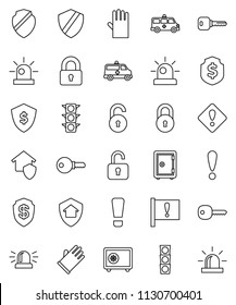 thin line vector icon set - rubber glove vector, dollar shield, safe, attention, traffic light, amkbulance car, lock, unlock, key, sign, siren, home protect, password