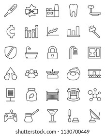 thin line vector icon set - soap vector, vacuum cleaner, toilet brush, turk coffee, cereal, molecule, graph, cent sign, boxing glove, glass, protected, big scales, Railway carriage, equalizer, group