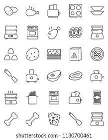 thin line vector icon set - spatula vector, toaster, oven, double boiler, plates, cereal, pasta, potato, steak, chicken leg, breads, no fastfood, bone