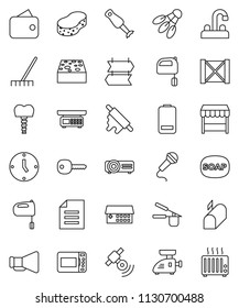 thin line vector icon set - soap vector, rake, sponge, water tap, cook press, rolling pin, mixer, blender, document, clock, shuttlecock, wood box, satellitie, loudspeaker, battery, hospital building