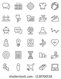thin line vector icon set - towel vector, bbq, constellation, gold ingot, investment, target, man, sand clock, dollar cursor, heart pulse, t shirt, stairways run, monitor, route, plane, top sign