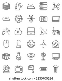 thin line vector icon set - iron vector, steaming, mixer, flask, earth, monitor, notebook pc, hdmi, network, big data, server, windmill, tv, smart home, phone, toaster, blender, fan, camera, web