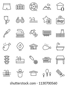 thin line vector icon set - fetlock vector, apron, skimmer, chicken leg, glasses, shorts, pool, traffic light, truck trailer, dry cargo, tulip, film spool, satellitie, dropper, sperm, favorites, buy