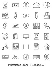 thin line vector icon set - bank vector, dollar coin, graph, pie, credit card, cash, case, investment, growth, binder, sand clock, presentation board, medal, tie, hierarchy, cursor, yen sign, reader
