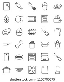 thin line vector icon set - plates vector, pan, camping cauldron, colander, apron, cook timer, skimmer, spatula, ladle, cutting board, mixer, microwave oven, double boiler, blender, sieve, egg, bone