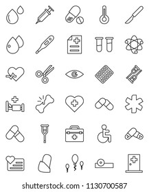 thin line vector icon set - atom vector, pills, heart monitor, cross, doctor bag, ambulance star, disabled, pulse, thermometer, vial, eye, syringe, crutches, scissors, scalpel, broken bone, blister