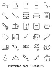 thin line vector icon set - sponge vector, plates, pan, kettle, oil, measuring cup, cook press, whisk, skimmer, spatula, knife, cutting board, microwave oven, double boiler, blender, dish, fridge