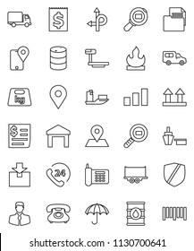 thin line vector icon set - route vector, map pin, phone, 24, client, traking, ship, truck trailer, delivery, car, receipt, port, document, umbrella, top sign, warehouse, package, sorting, protected