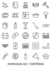 thin line vector icon set - scraper vector, foam basin, cleaning agent, plates, shining window, colander, cook timer, ladle, cookbook, jug, corner ruler, backpack, exchange, punching bag, calendar