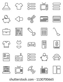 thin line vector icon set - ladle vector, scissors, abacus, piggy bank, case, annual report, calendar, swimsuite, t shirt, radio, satellitie, tv, menu, arrow, cushioned furniture, calculator, hood