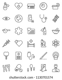 thin line vector icon set - atom vector, pills vial, heart monitor, cross, ambulance star, eye, syringe, crutches, scalpel, stethoscope, mortar, doctor hat, microscope, chromosomes, anamnesis, sperm
