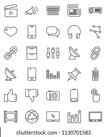 thin line vector icon set - satellite antenna vector, cinema clap, film frame, newspaper, settings, equalizer, remote control, internet, mobile phone, touchscreen, dialog, headphones, notebook pc