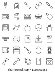 thin line vector icon set - pan vector, colander, scales, spatula, meat hammer, cutting board, mixer, microwave oven, spices, blender, sieve, egg, pasta, mushroom, potato, chicken leg, diet, breads