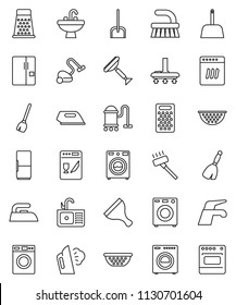 thin line vector icon set - scraper vector, broom, water tap, vacuum cleaner, fetlock, scoop, iron, steaming, washer, sink, colander, grater, fridge, dishwasher, oven