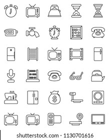thin line vector icon set - water tap vector, washboard, kettle, glasses, alarm clock, abacus, money bag, sand, phone, big scales, film frame, tv, video camera, microphone, fridge, kitchen