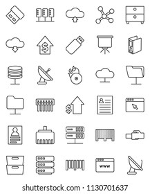 thin line vector icon set - presentation vector, archive, personal information, dollar growth, binder, barcode, music hit, network, server, folder, cloud, big data, browser, hub, lan connector, usb