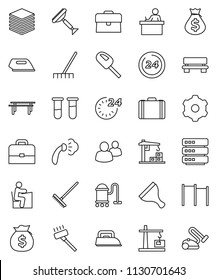 thin line vector icon set - scraper vector, vacuum cleaner, rake, steaming, student, case, money bag, horizontal bar, group, vial, big data, gear, bench, construction crane, 24 hour, iron