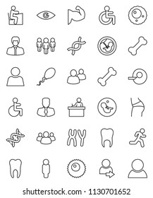 thin line vector icon set - student vector, manager, man, muscule hand, buttocks, bone, run, group, disabled, eye, dna, pregnancy, insemination, chromosomes, sperm, ovule, tooth, user, login