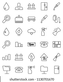 thin line vector icon set - water drop vector, sprayer, percent growth, consolidated cargo, top sign, sorting, classic phone, magnifier, dropper, broken bone, counter, network folder, lan connector