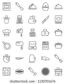 thin line vector icon set - pan vector, cook hat, apron, glove, timer, whisk, spatula, knife, grater, oven, double boiler, cookbook, sieve, dish, mixer, toaster