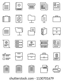 thin line vector icon set - case vector, clipboard, certificate, document, archive, exam, annual report, binder, receipt, newspaper, network folder, big data, estate, catalog, printer