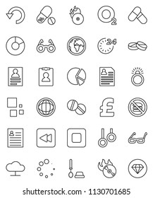 thin line vector icon set - toilet brush vector, glasses, world, personal information, pie graph, pound, pills, no fastfood, gymnast rings, oxygen, earth, music hit, stop button, backward, undo