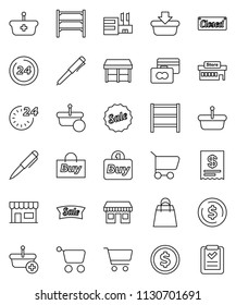 thin line vector icon set - pen vector, dollar coin, cart, credit card, office, shelving, sale, closed, 24 hour, shopping bag, market, store, mall, buy, receipt, basket, list