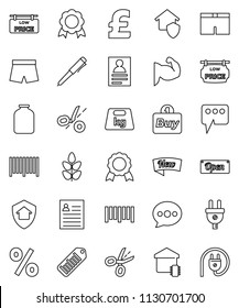 thin line vector icon set - jar vector, pen, medal, personal information, pound, muscule hand, shorts, cereals, weight, barcode, message, low price signboard, smart home, protect, new, open, percent