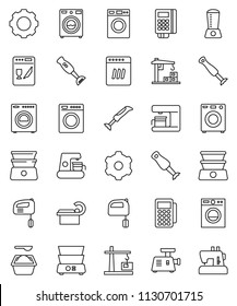 thin line vector icon set - washer vector, washing powder, mixer, double boiler, blender, tomography, gear, construction crane, card reader, dishwasher, coffee maker, meat grinder, sewing machine