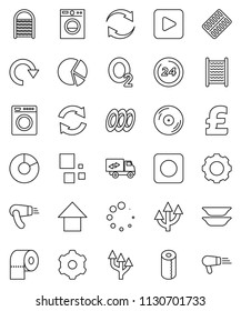 thin line vector icon set - washboard vector, toilet paper, plates, pie graph, arrow up, pound, oxygen, disk, play button, rec, pills blister, gear, refresh, redo, loading, route, relocation truck