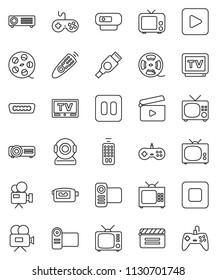 thin line vector icon set - cinema clap vector, film spool, tv, gamepad, video camera, remote control, play button, pause, stop, hdmi, web, projector