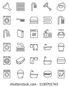 thin line vector icon set - soap vector, scraper, fetlock, bucket, sponge, towel, bath, drying clothes, washer, washing powder, shower, sink, dishwasher