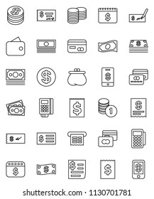 thin line vector icon set - credit card vector, cash, coin stack, check, receipt, dollar calendar, money, wallet, reader, tap pay