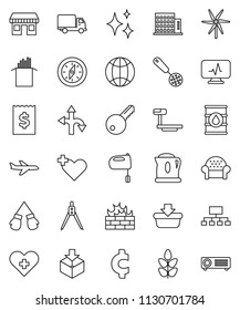 thin line vector icon set - shining vector, skimmer, mixer, pasta, drawing compass, receipt, hierarchy, cent sign, boxing glove, cereals, route, office, plane, delivery, package, oil barrel, globe