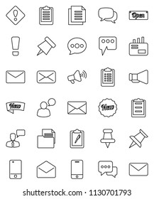 thin line vector icon set - paper pin vector, clipboard, document, loudspeaker, mobile phone, dialog, speaking man, thumbtack, mail, message, attention sign, new, open