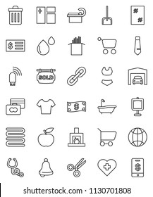 thin line vector icon set - scoop vector, trash bin, window cleaning, bath, towel, pasta, bell, presentation, credit card, receipt, tie, diet, swimsuite, t shirt, heart cross, scissors, stethoscope