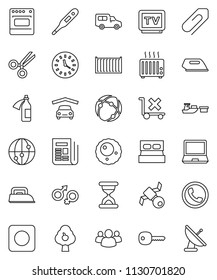 thin line vector icon set - satellite vector, sea container, car, clock, port, no trolley, newspaper, tv, internet, group, rec button, thermometer, gender sign, scissors, sand, potion, ovule, key