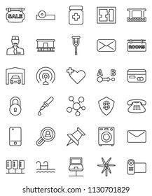 thin line vector icon set - route vector, Railway carriage, film frame, antenna, mobile phone, classic, social media, thumbtack, mail, heart cross, dropper, crutches, pills bottle, eye doctor hat