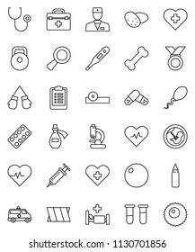 thin line vector icon set - potato vector, heart pulse, clipboard, weight, punching bag, fitball, boxing glove, medal, cross, bone, doctor, thermometer, vial, magnifier, pregnancy, syringe, pills