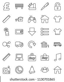 thin line vector icon set - ruler vector, pen, bell, notebook pc, school bus, music, arrow down, pound, t shirt, radio, gamepad, touchscreen, social media, group, menu, home, bench, redo, cottage