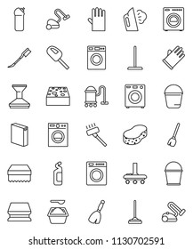 thin line vector icon set - broom vector, vacuum cleaner, mop, bucket, sponge, car fetlock, steaming, washer, washing powder, cleaning agent, rubber glove