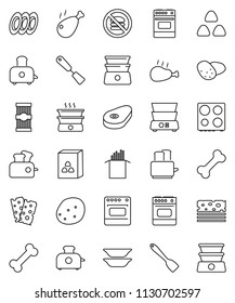 thin line vector icon set - spatula vector, toaster, oven, double boiler, plates, cereal, pasta, potato, steak, chicken leg, breads, no fastfood, bone