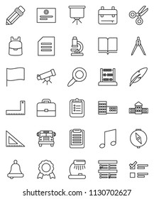 thin line vector icon set - book vector, pen, pencil, school building, corner ruler, drawing compass, case, backpack, telescope, microscope, bell, table lamp, clipboard, medal, certificate, scissors