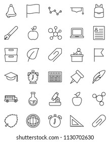 thin line vector icon set - graduate hat vector, pen, corner ruler, student, backpack, apple fruit, microscope, bell, notebook pc, alarm clock, schedule, paper pin, school bus, world, archive, flag